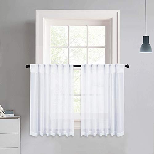 NICETOWN Linen Like Sheer Curtains - White Half Window Tiers Linen Like Texture Semitransparent Sheer Tiers Valance for Kitchen/Cafe, 55
