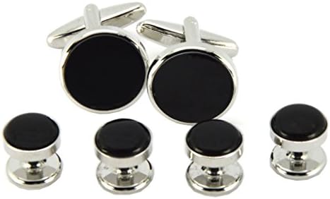 OKONES Classic Round Enamel Cufflinks and Black Studs Set for Tuxedo Formal Shirt with Gift Box