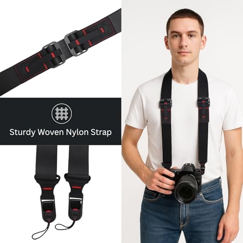Image of Kamron Side Camera Sling Strap - Adjustable Woven Nylon Neck & Shoulder Strap with Quick Release, Anti-Fall Locks & Leather Accents - Compatible with DSLR, Mirrorless & Action Cameras