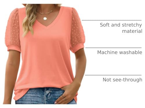Image of Aokosor Womens Summer Tops V Neck T Shirts Swiss Dot Puff Sleeve Tops Loose Casual Tshirts