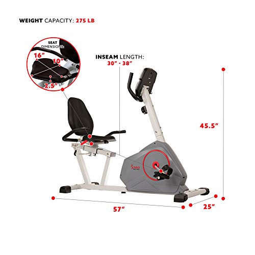 Sunny Health & Fitness Magnetic Recumbent Exercise Bike With Silent Belt Drive, Performance Monitor, Bmi And Body Fat Calculator, 275 Lb Max Weight - Sf-Rb4953,Gray #TOP4