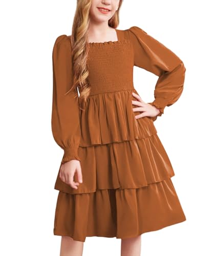 Arshiner Kleider Mädchen Gestuftes Langarmkleid Kinder Gesmoktes...