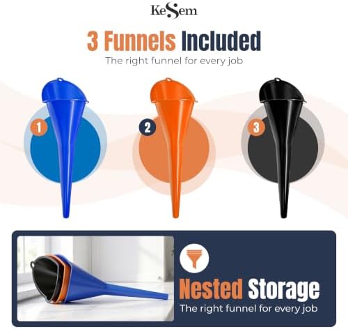 3pc Automotive Oil Funnel Set, Long Neck Plastic Funnels for Oil Change, Gas, Fuel, Diesel, Coolant & Transmission Fluid, Multi Purpose Car Funnel Kit for Auto Fluids or Kitchen Use - 4