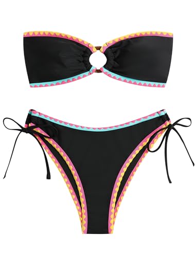 Image of ZAFUL Women's Bandeau Bikini O Ring Strapless Tie Back High Cut Two Piece Swimsuit Bathing Suits