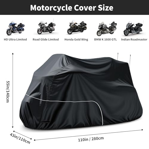Image of Motorcycle Cover Heavy Duty 300D Waterproof for Touring Ultra | Fits for Harley Davidson Ultra Ltd, Road Glide Ltd, Honda Goldwing, BMW, Indian Motorcycle Accessories, 110 Inch Black