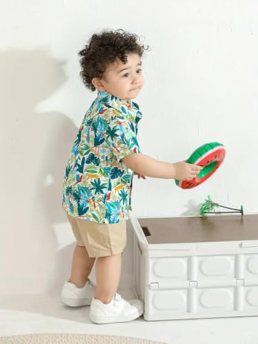 Image of Niren Enterprise Boy's Casual Cotton Regular Fit Leaf Printed Half Sleeve Button Down Shirt with Spread Collar Standard Length Summer Wear