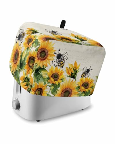 Sunflower Leaves Toaster Cover 2 Slice, Bee Spring Retro Farmhouse Dustproof Bread Machine Oven Cover with Storage Pockets, Fits Most Kitchen Toasters Protector