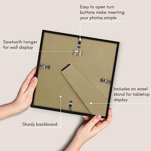 Americanflat 9x9 Picture Frame with Shatter-Resistant Glass - Streamline Collection - Thin Border Square Frame for Tabletop and Wall Display - Hanging Hardware and Easel Stand Included - Black