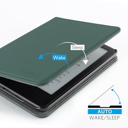 Image of CoBak Case for 6 inch E-Reader - PU Leather Smart Cover with Auto Sleep /Wake & Hand Strap, not Compatible with Kobo Clara,Dark Green