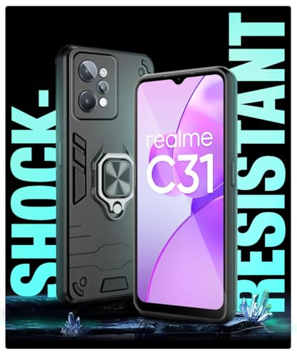 Image of WOW IMAGINE Shock Proof Back Case Mobile Cover for Realme C31 (Armor | Hybrid PC + TPU | Full Protection with Ring Holder Kickstand | Carbon Black)