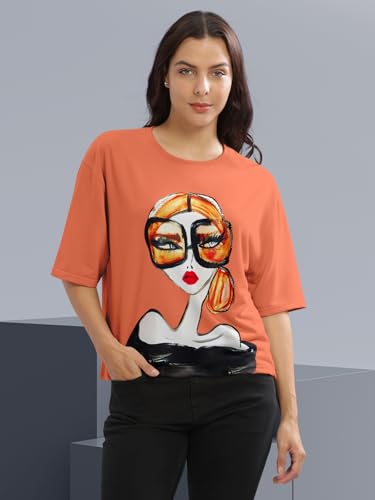 Image of HELLCAT Beige Printed Loose Fit Crew-Neck Crop T-Shirt for Women