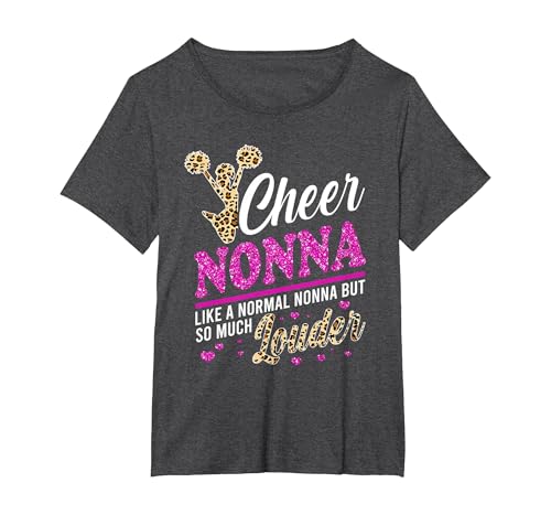 Cheer Nonna Biggest Fan Leopard Print and Pom Pom T-Shirt, Women's Plus, Dark Heather Grey, 4X