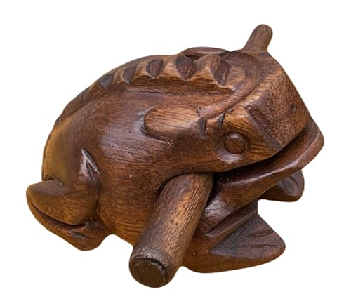 5'Dark Brown Wooden Frog Guiro Percussion Instrument with Scraper Stick, Hand Carved Wood Frog Noise...