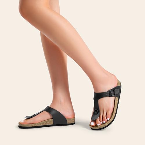 Image of DREAM PAIRS Arch Support Thong Sandals for Women Casual Leather Flip Flops Dressy Slides with Soft Cork Footbed Adjustable Strap for Summer Beach Vacation