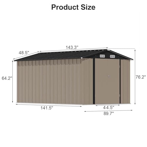 Patiowell 12 x 8 FT Outdoor Storage Shed, Steel Shed Storage House with Design of Lockable Doors, Utility and Tool Storage for Garden, Patio, Backyard, Outside use, Brown