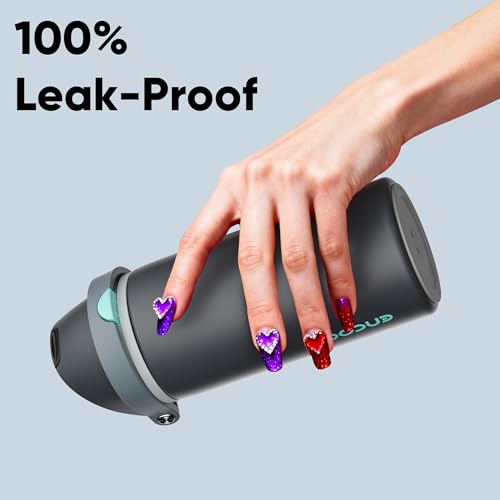Image of Insulated Water Bottle with Straw - Encool Stainless Steel Water Bottle with Push Button Lid, Leak-Proof & BPA-Free, Keeps Cold for 24 Hours for Sports, Travel, Gym (18 oz, Tuna Grey-Green)