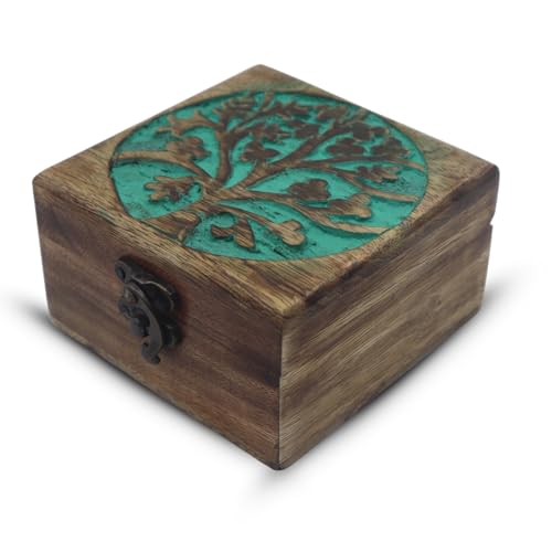 Product Image of the Hind Handicrafts Handmade Mango Wood Jewelry Box - Tree of Life Engraved Keepsake Storage & Organiser - Beautiful Gift Idea for Men & Women - Home Decor & Memorial Use - 4.5' x 4.5' x 2.5'
