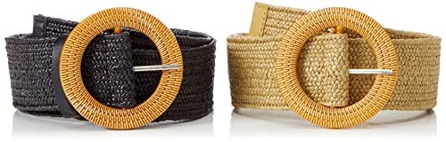 2 Pieces Women Straw Woven Elastic Stretch Waist Belt Skinny Dress Braided Waist Belt with Wooden Style Buckle (Black and Khaki)