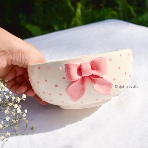 Image of Handmade Ceramic Pinterest Bowl - Pink Bow | Aesthetic Breakfast Adorable Microwave Ceramic Bowl - 450 ml