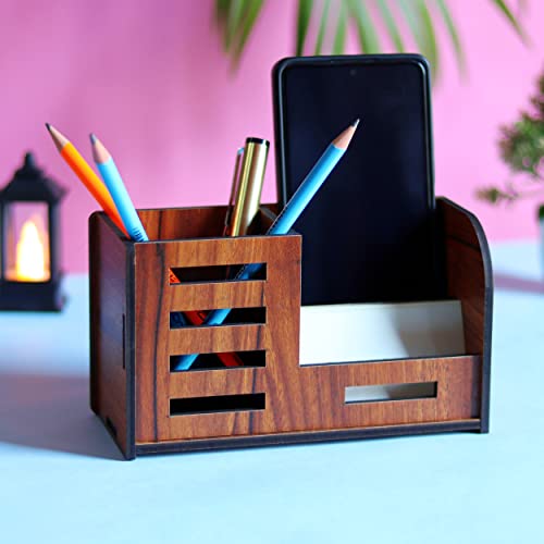 Image of Deskart Stylish Pen Stand with Business Visiting Card & Mobile Holder | Multipurpose Wooden Desk Organizer for Office Desk and Study Table