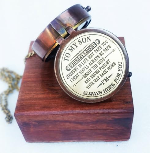 Brújula personalizada con mensaje inspirador para hijo, brújula de latón grabada con caja de madera miniatura 6