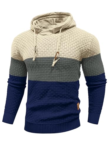 Zaitun Mens Hooded Sweatshirt Long Sleeve Solid Knitted Hoodie Pullover Sweater