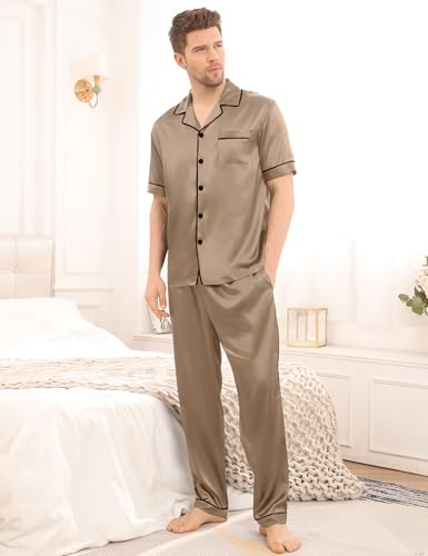 Image of SWOMOG Mens Satin Pajama Set Short Sleeve Classic Sleepwear Button Down Silky Loungewear with Long Pants