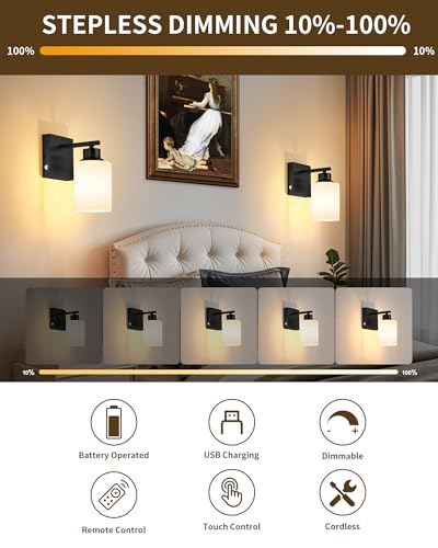 Image of Rayogale Wireless Battery Operated Wall Sconce Set of 2 with Remote Control | Black Dimmable Rechargeable Wall Lights with Timer, Easy Install White Glass Lamp for Living Room Bedroom, Emergency 3000K