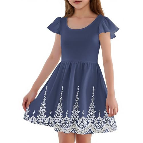 Dresses for Girls Toddler Floral Print Flutter Sleeve Elegant Casual Summer Dress for Kids, Ages 4-14