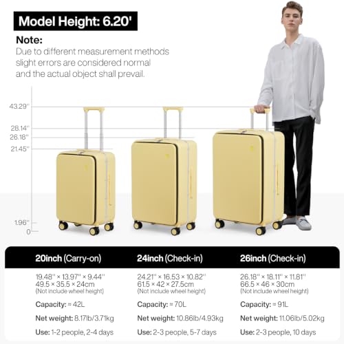 Image of mixi 26 Inch Large Checked Luggage PC Hard Shell Suitcase Top Opening Aluminum Frame Travel Suitcases with Wheels, Lark Yellow