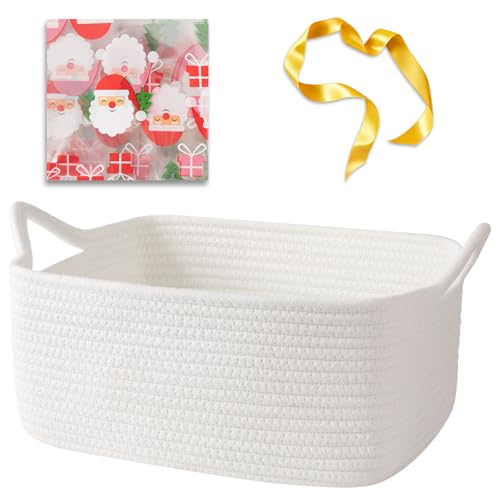 Image of OIAHOMY Woven Basket, Gift Basket Empty with Gift Bags and Ribbons, Rope Baskets for Baby Showers, Storage Baskets with Handles for Nursery, Pet Toy Organizer - Christmas White