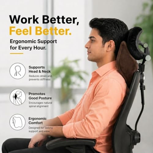 Image of Relaxer Office Chair Neck Rest | Ergonomic Cervical Neck Support Cushion for Office, Gaming & Study Chair | Relieves Neck Pain, Shoulder Tension & Desk Fatigue | Adjustable Strap (Brown)