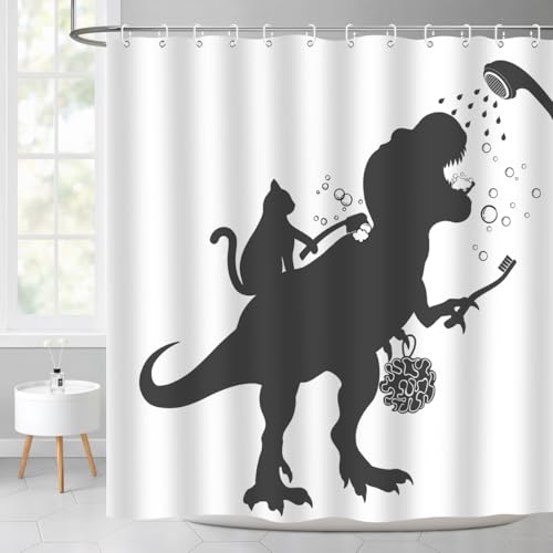 Image of Cat Dinosaur Shower Curtain Funny Cartoon Cat Dino Bathe for Kids Boys Trex Silhouette Shadow Black White Design Artwork Bathroom Decor Waterproof Fabric 72Lx72W Inch with Hooks