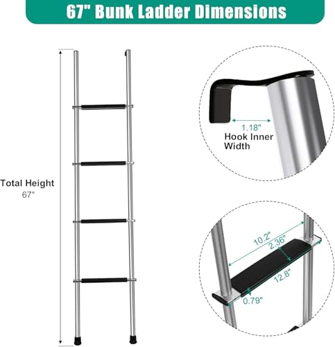 Image of 67 inch RV Bunk Ladder, 4 Step Integrated Aluminum Camper Bunk Bed Ladder with Anti-Slip Rubber Foot Pads, Sliver