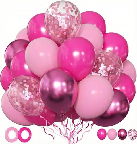 Hot Pink Balloons 50 Pack 12 Inch Thick 2.8g Latex Balloons with Metallic & Confetti - Pink Balloon Set for Girls Birthday Baby Shower Bridal Shower Bachelorette & Party Decorations
