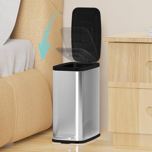 Image of KdbK Stainless Steel Bathroom Trash Can with Lid Soft Close,1.6 Gallon Slim Garbage can,Small Metal Step Wastebasket for Office, Bedroom, Toilet, Live Room