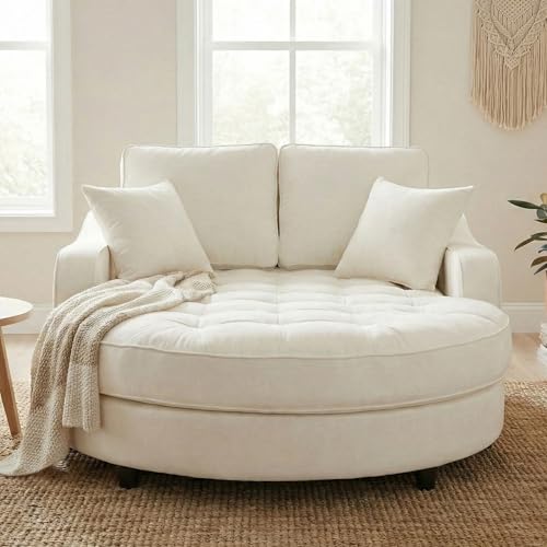 Image of Christopher Knight Home 55 Inch Modern Chaise Lounge Sofa Bed, Upholstered Chenille Lounge Couch with Tufted Seat and Detachable Pillows Curved Accent Sofa for Living Room, Beige