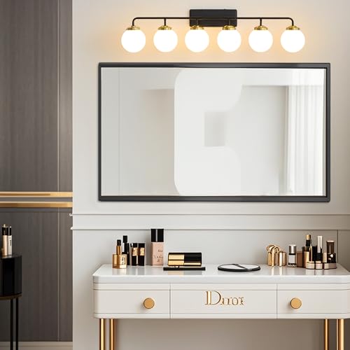Image of Bathroom Light Fixtures 45.3in 6-Light Black Gold Vanity Lights for Mirror | Bathroom Lighting Fixtures over Mirror, ETL, Brushed Brass Wall Sconce, Dimmable E12 Base Max 60W, Milky Glass Ball Shades