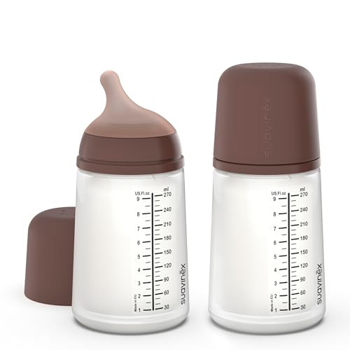 Image of Suavinex Zero Zero Anti Colic Baby Bottle, No 1 Spanish Baby Bottle Brand, Minimizes Bottle Rejection & Nipple Confusion, Perfect for Combo Feeding, 2pk, 9oz/270mL, Deep Tone, Medium Flow Nipple