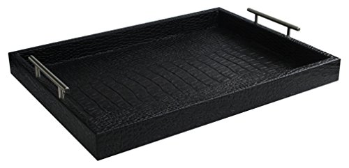 American Atelier Alligator Leather Serving Tray with Metal Handles, Black