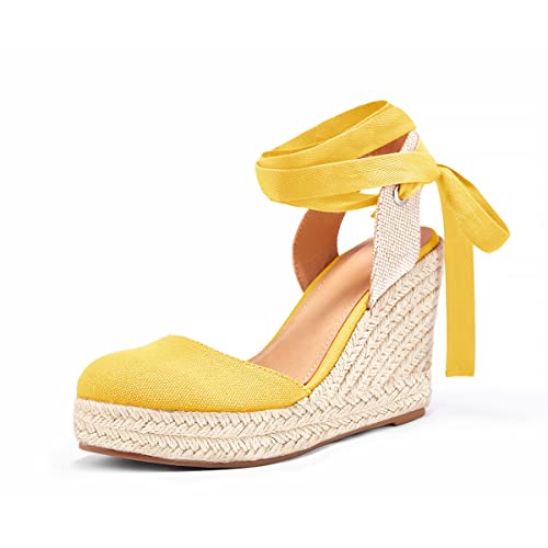 Ermonn Womens Espadrilles Wedge Sandals Platform Closed Toe Ankle Strap Lace Up Slingback Summer Shoes Yellow