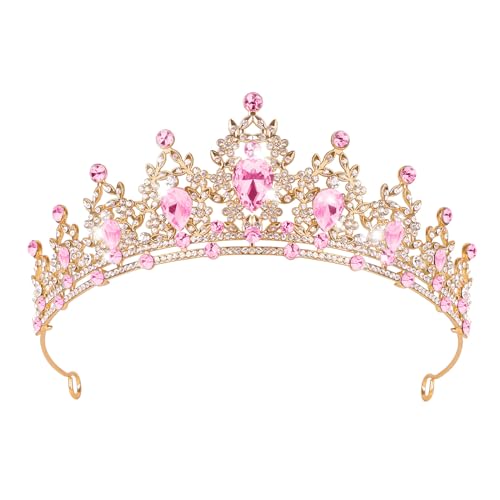 Tiara for Women Crown and Tiara for Girl Princess Bride Wedding Happy Birthday Halloween Cosplay Hair Accessories Decorations (Gold Pink)