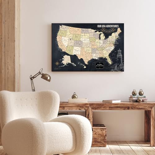 Image of IPIC - Vintage USA Travel Map, Pin Board Canvas Wall Art, Travel Map with Pins Included, Ready to Hang for Home or Office, 24x16 Inch