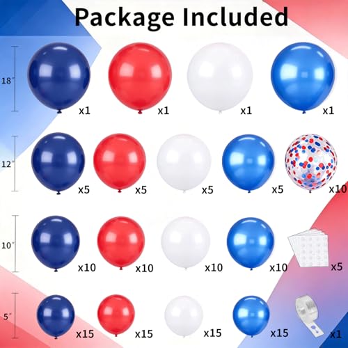 Image of Zesliwy Red Blue White Balloon Arch Kit,Navy Pearl Blue Dark Blue Red White Balloons Garland with Confetti for 4th of July Patriotic Day Anniversary Nautical Graduation Birthday Party Decoration