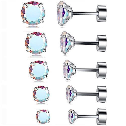 Titanium Screw Back Pack Of Earrings Aurora Borealis Cubic Zirconia Studs For Women Men 20G Helix 316L Surgical Stainless Steel Hypoallergenic For Sensitive Ears Simulated Diamond Rainbow #TOP6