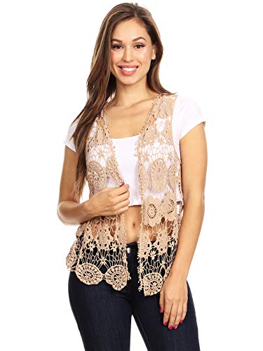 Image of Anna-Kaci Lace Front Open Sleeveless Top Cardigan Crochet Vest Cover up Summer Beachwear