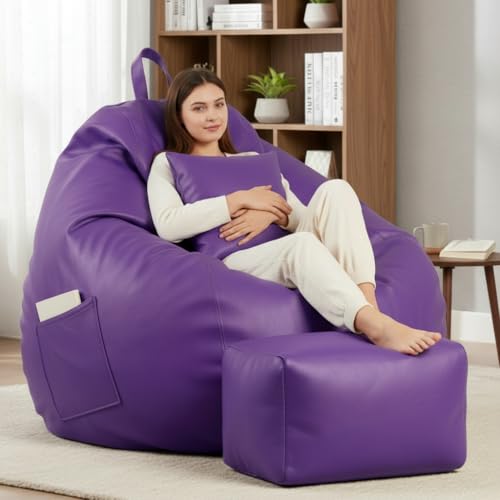 Image of KAM'S LIEU 5XL Luxury Faux Leather Bean Bag with Footrest & Cushion | Pre-Filled High-Density Polystyrene Beans | Premium Leatherette | 6 Months Warranty Color- (Purple, with Footrest)