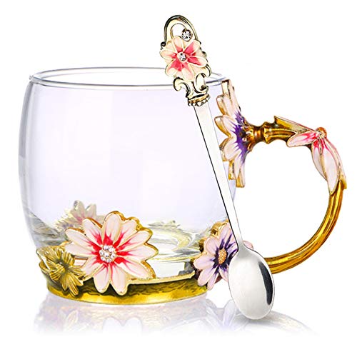 Tea Cup Glass Coffee Mugs Enamel Daisy Flower Drinking Cups with Spoon Set Unique Gifts for Birthday Wedding Christmas Mug 12oz