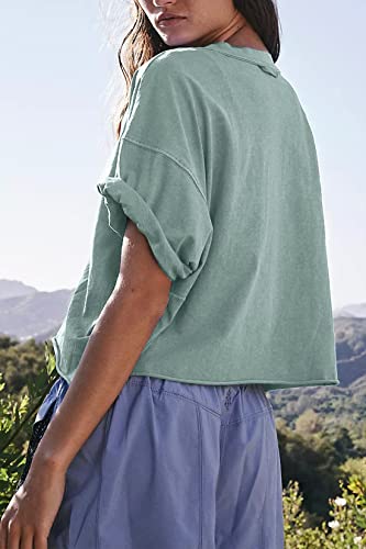 Image of HUGOOME Womens Oversized Workout Crop Top Casual Short Sleeve Boxy Roll Hem