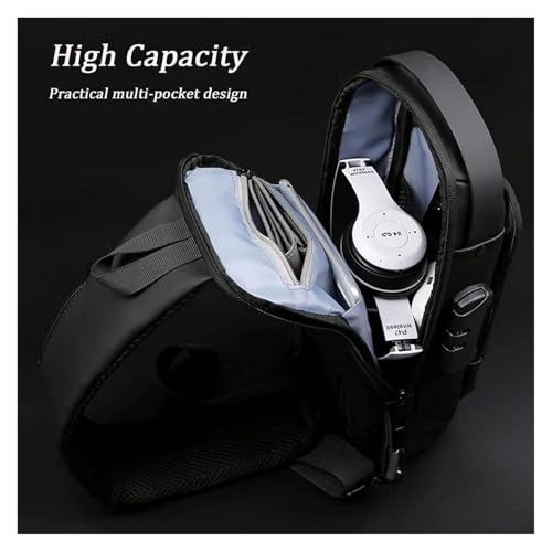 Anti-Theft Sling Backpack with USB Charging Port, Waterproof Shoulder Bag, Black(Gray) 6